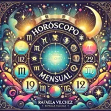 Horóscopo Mensual - Predicciones Astrológicas de Rafaela Vilchez Ilustración de horóscopo mensual con un zodiaco rodeado de símbolos astrológicos y elementos cósmicos.